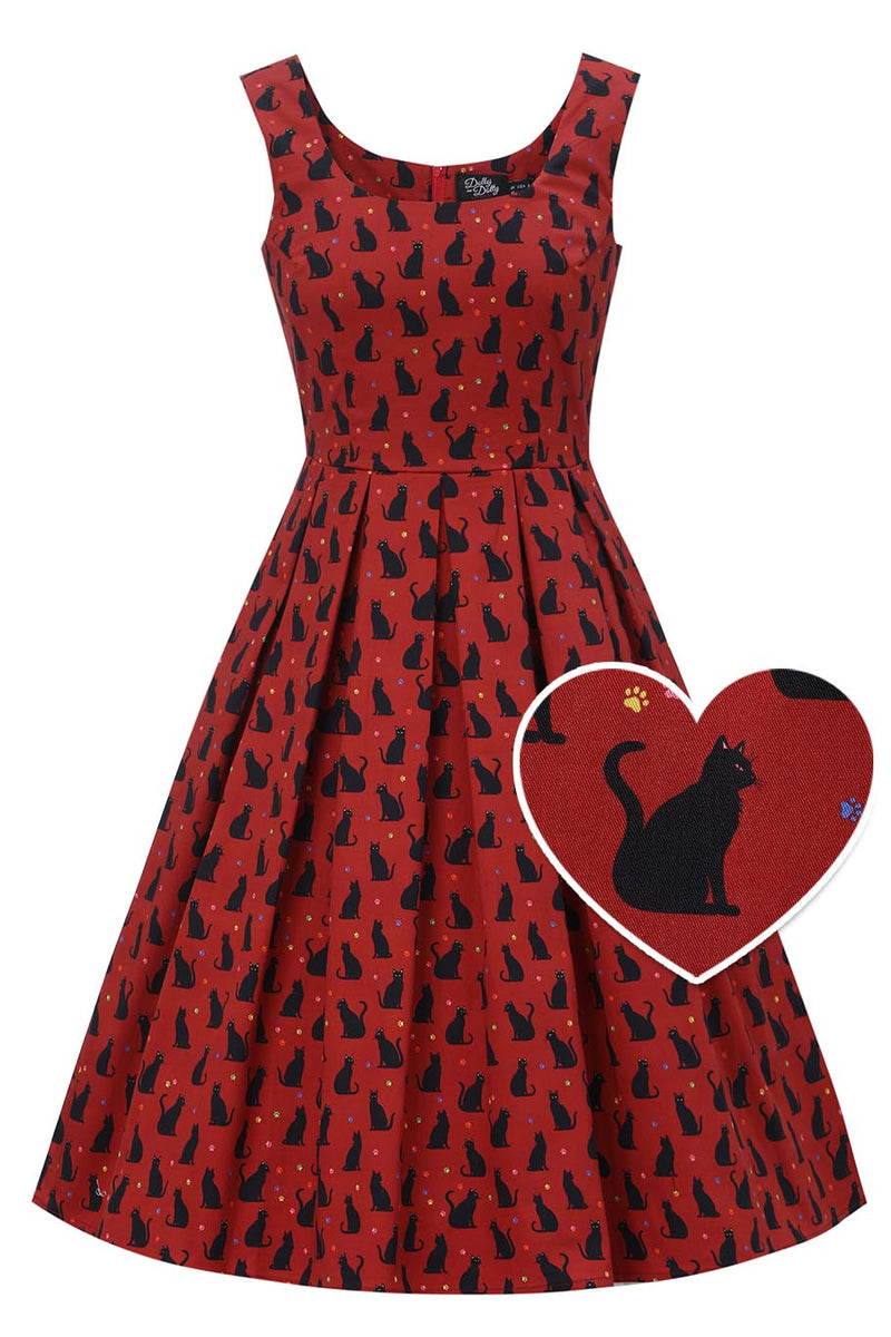 Front view of Amanda Black Cat Swing Dress In Burgundy