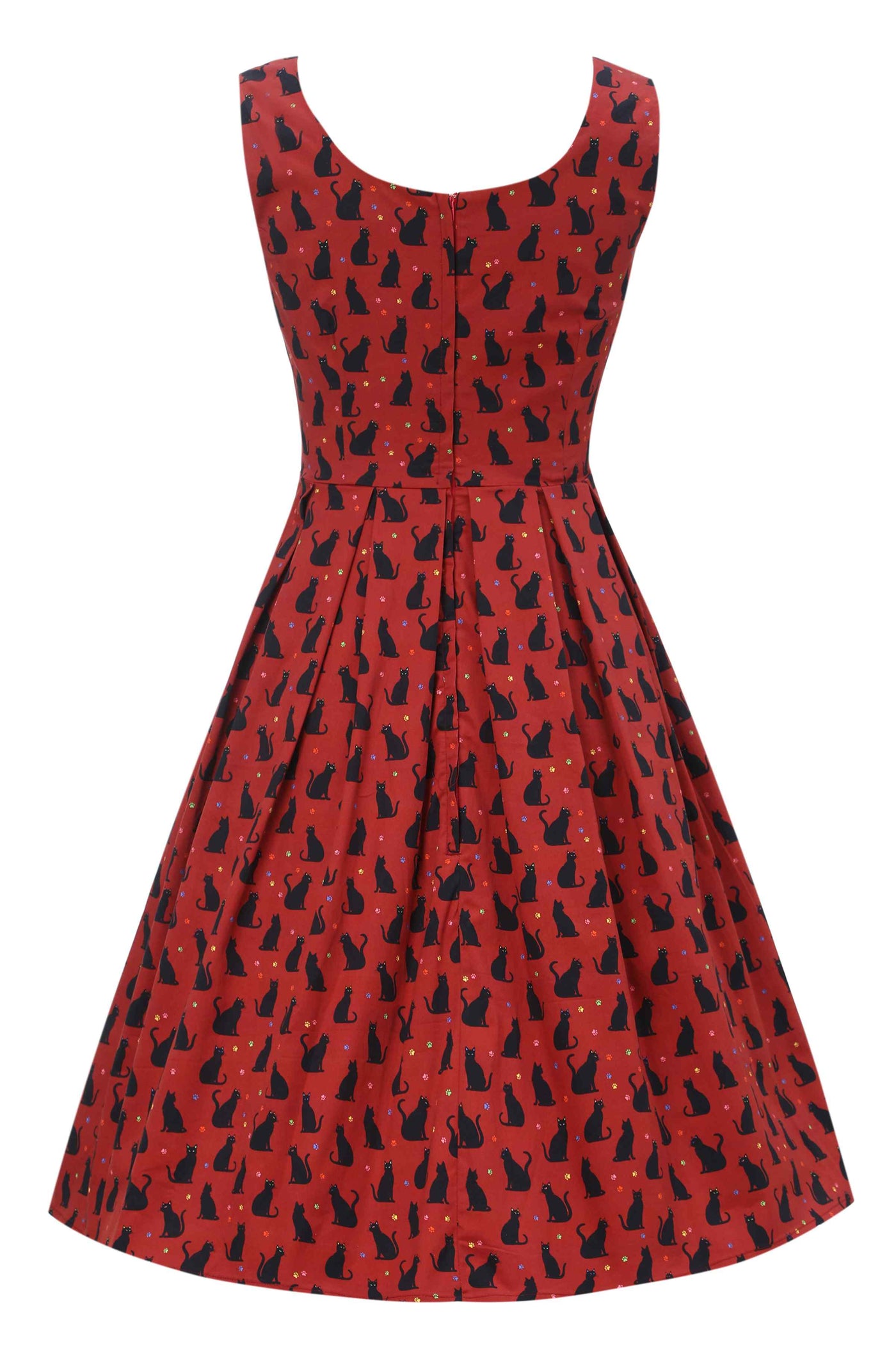 Back view of Amanda Black Cat Swing Dress In Burgundy