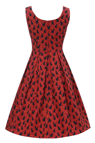 Back view of Amanda Black Cat Swing Dress In Burgundy
