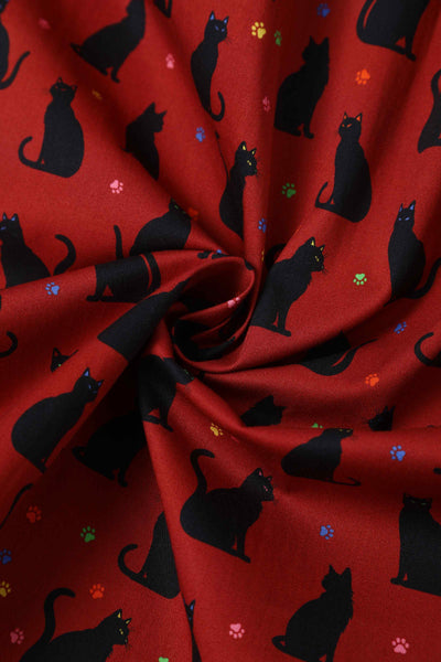 Fabric of Amanda Black Cat Swing Dress In Burgundy