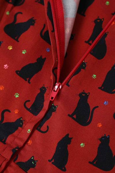 Zipper of Amanda Black Cat Swing Dress In Burgundy