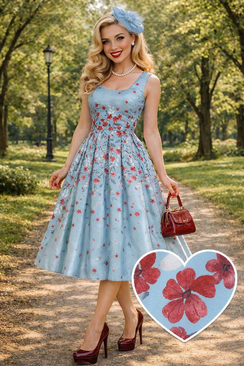 blue dress red flowers Blue Delicate Falling Flower Swing Dress