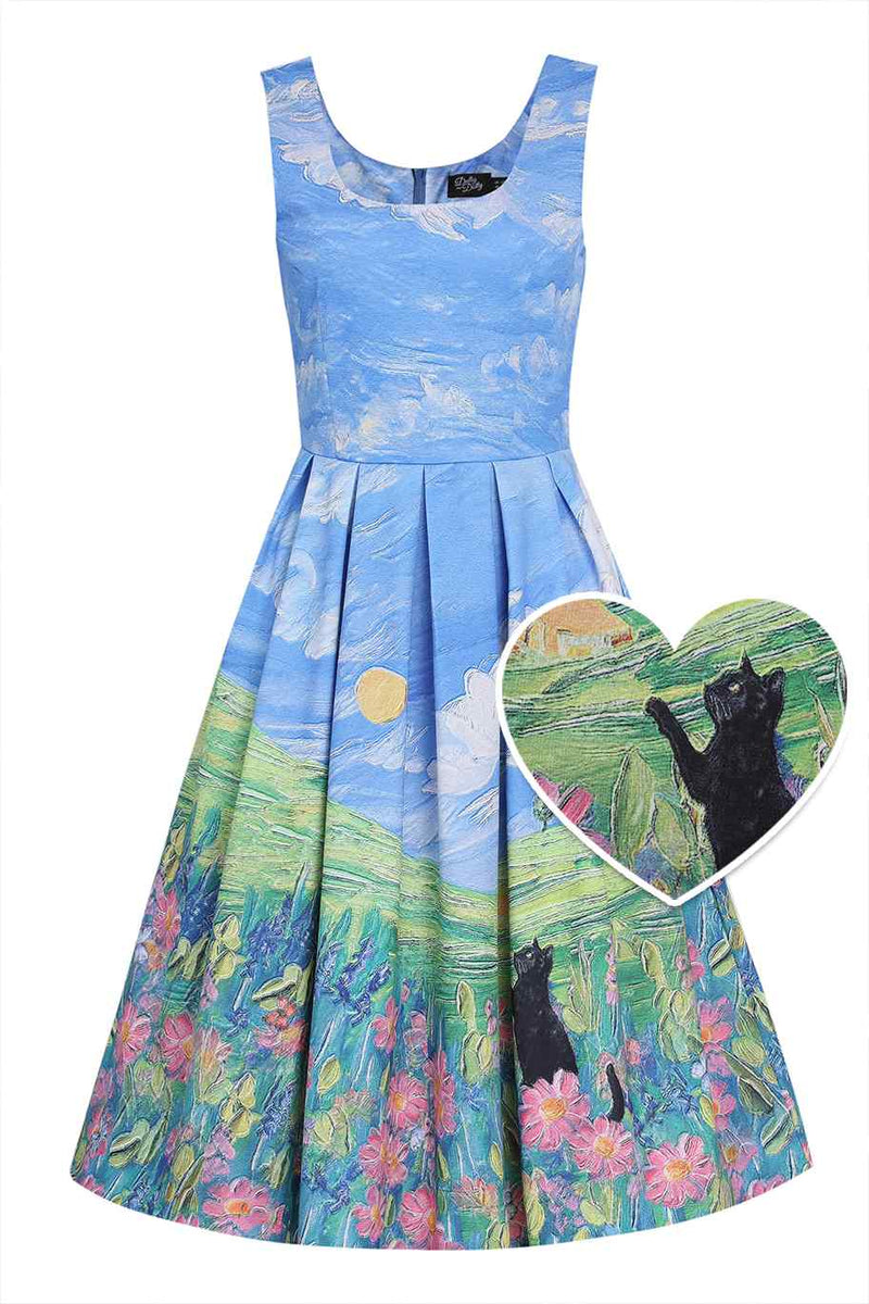 Front view of Cat Adventure Swing Dress In Pastels
