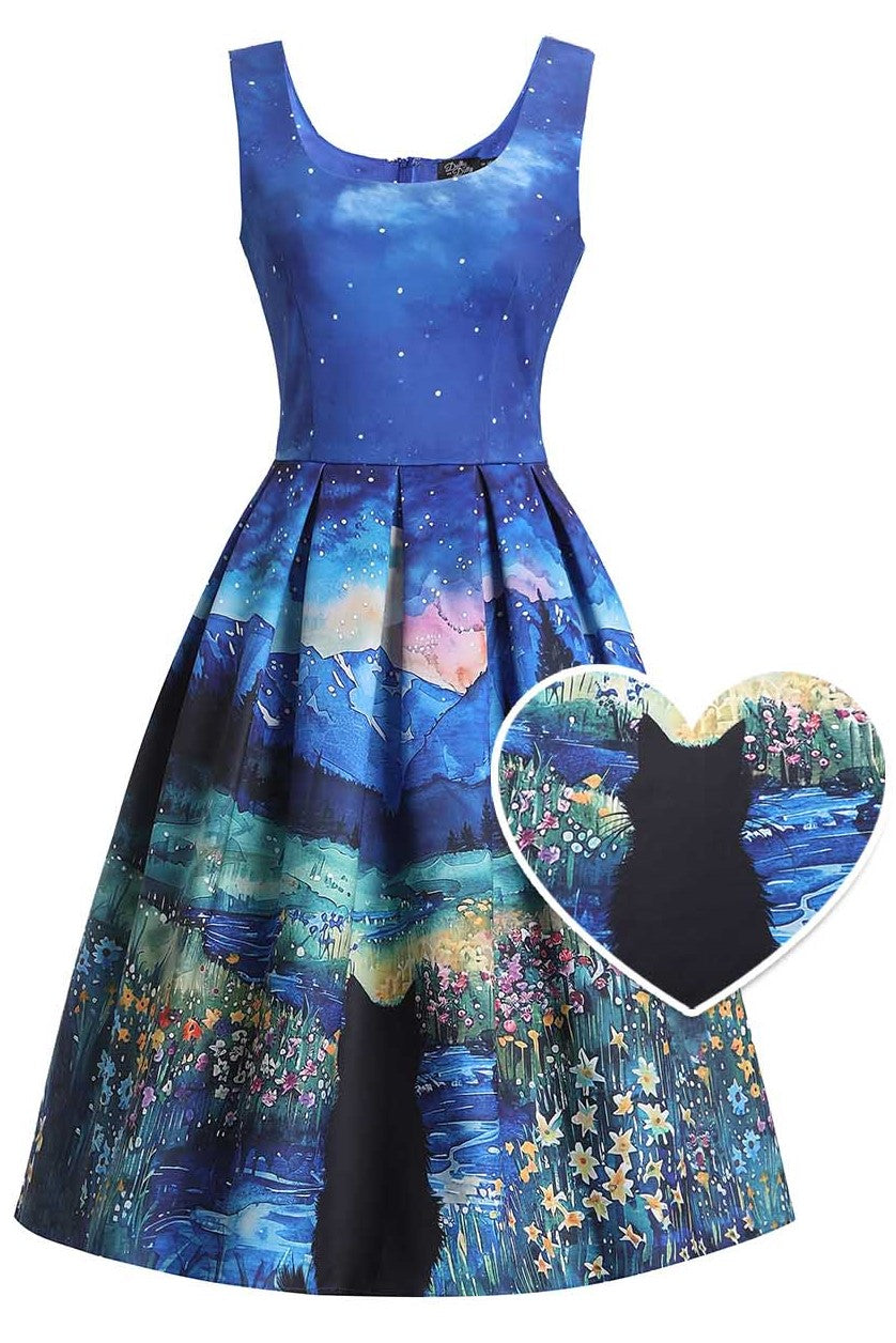 Front view of Amanda Cat Starry Night Flared Dress