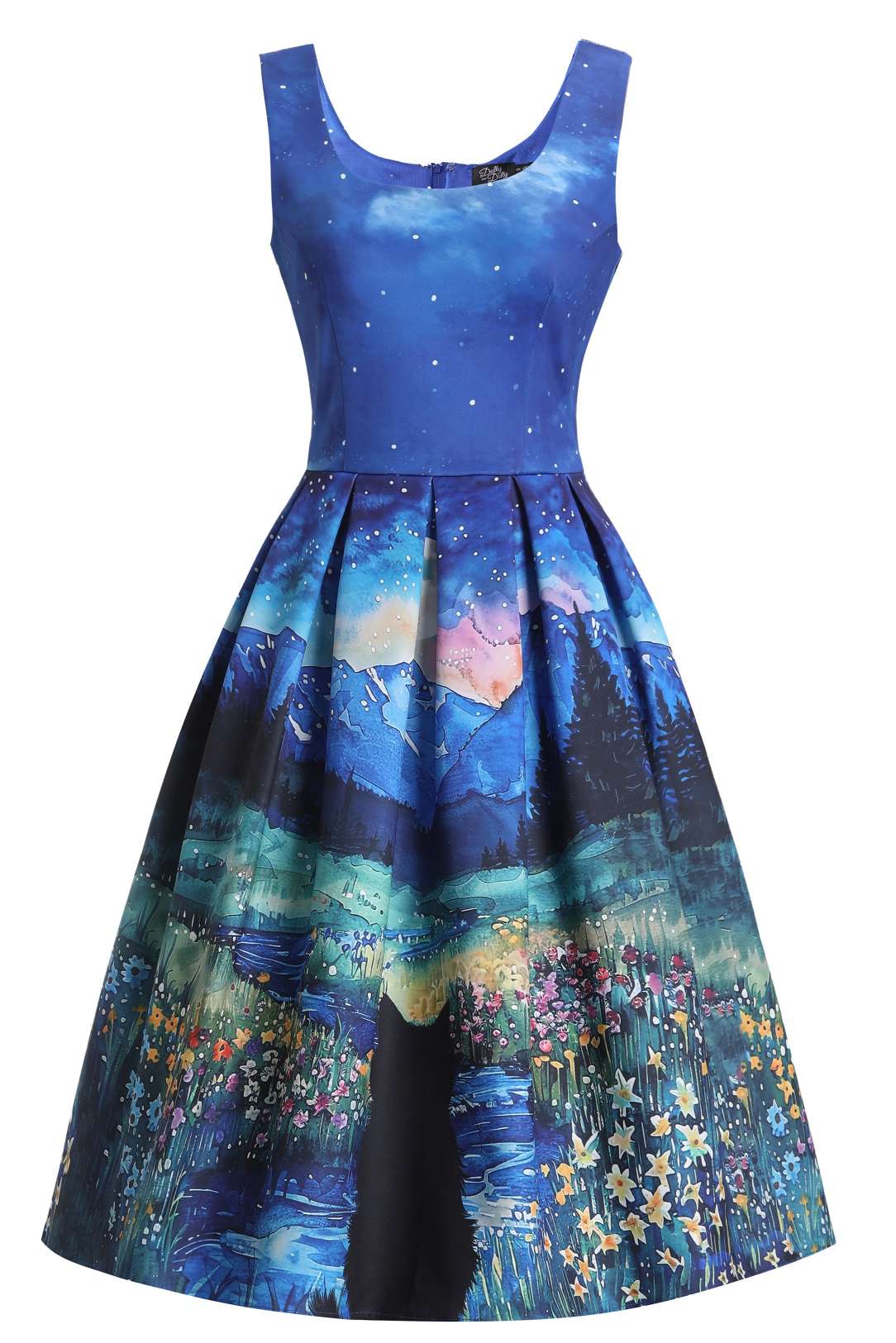 Front view of Amanda Cat Starry Night Flared Dress