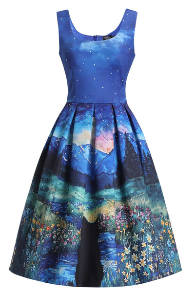 Front view of Amanda Cat Starry Night Flared Dress