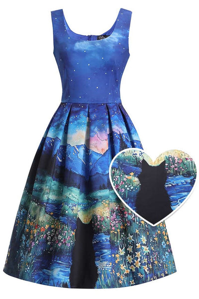 Front view of Amanda Cat Starry Night Flared Dress