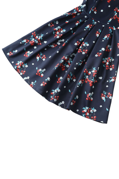 Close up view of Amanda Cherry Navy Blue Flared Dress