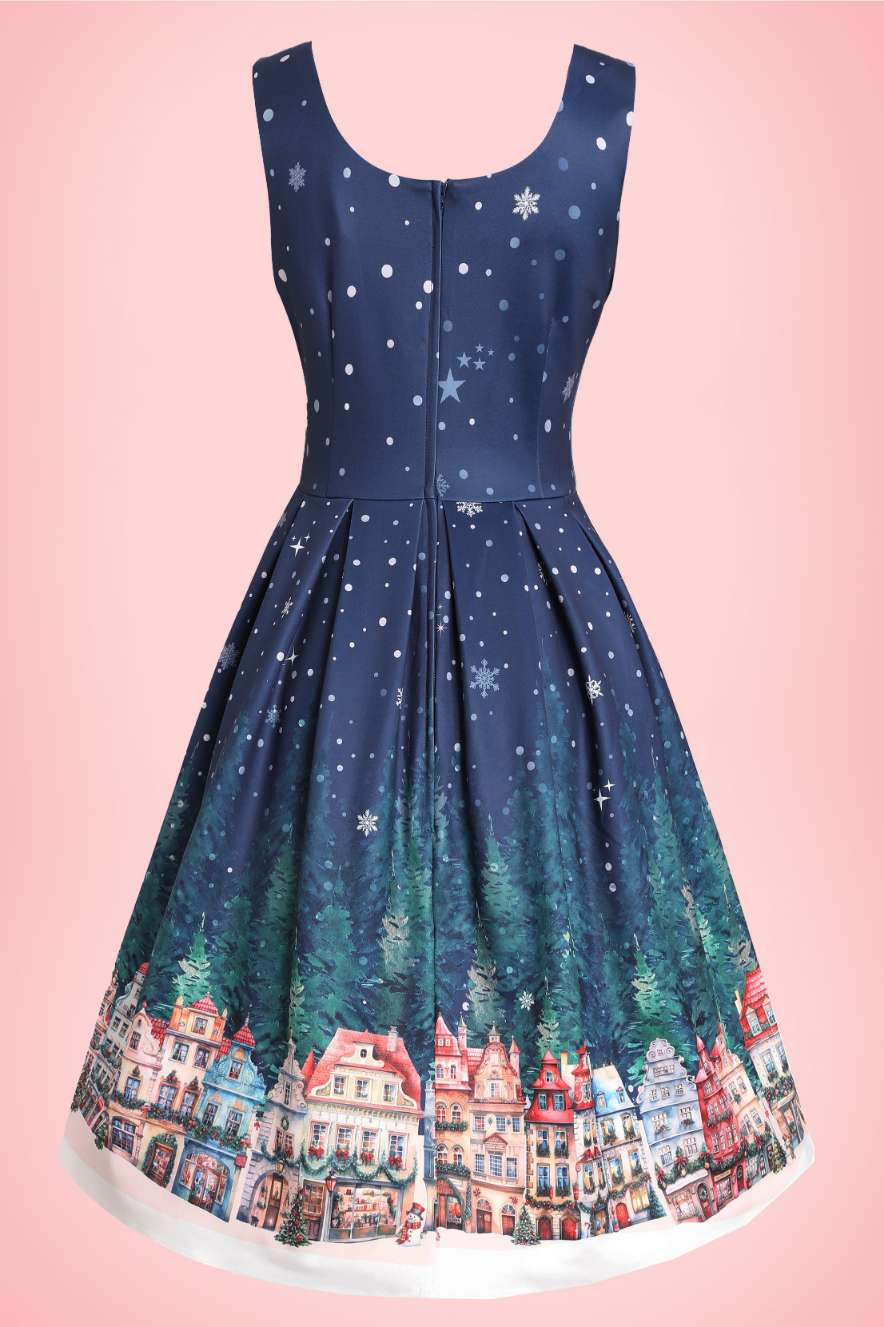 Back view of Amanda Chrismas Eve Flared Dress In Blue