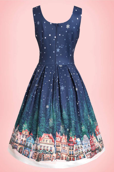 Back view of Amanda Chrismas Eve Flared Dress In Blue