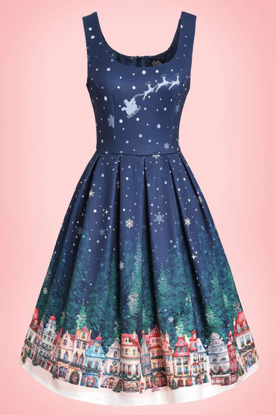 Front view of Amanda Chrismas Eve Flared Dress In Blue