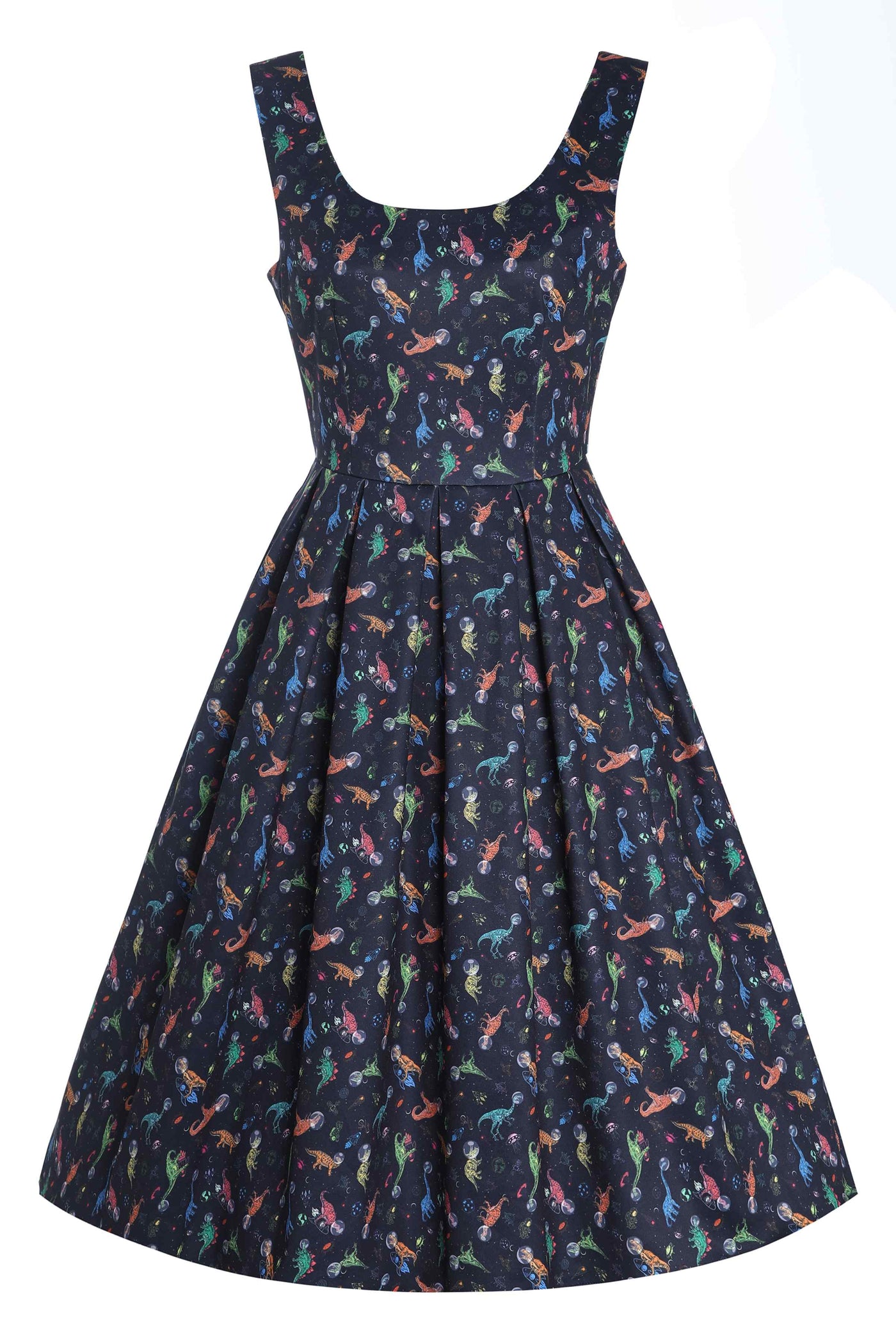 Front view of Amanda Dinosaur In Space Flared Dress