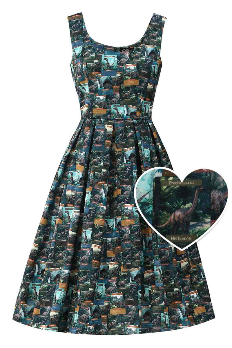 Front view of Green Dinosaur Flash Card Swing Dress