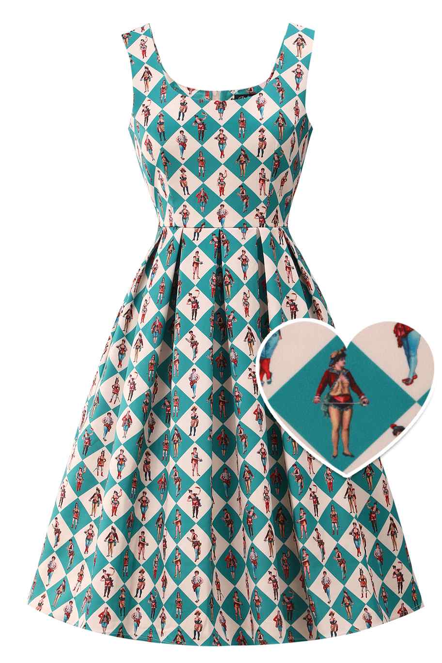 Front view of Green Vintage Circus Swing Dress
