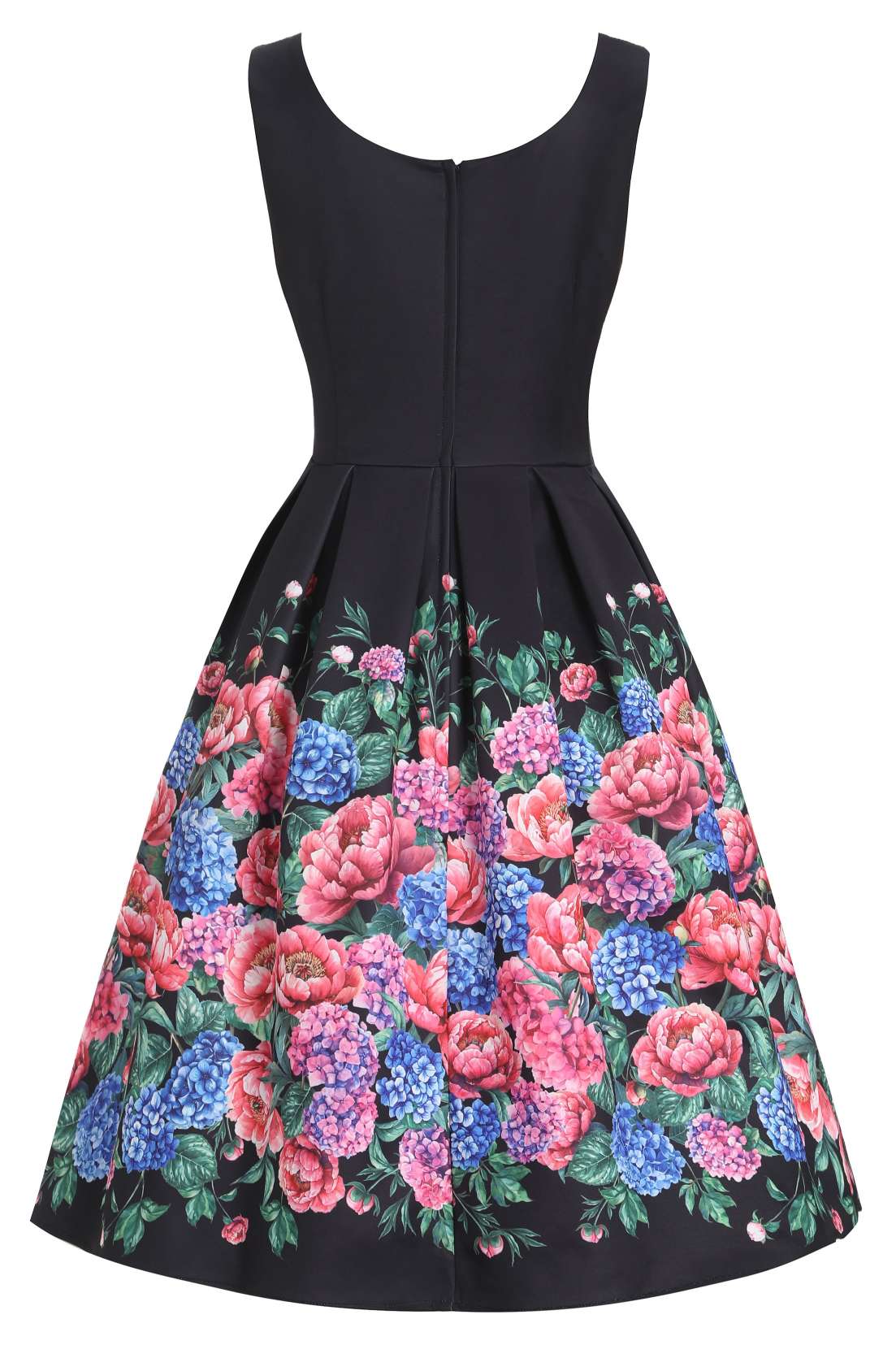 Back view of Amanda Hydrangea Black Flared Dress