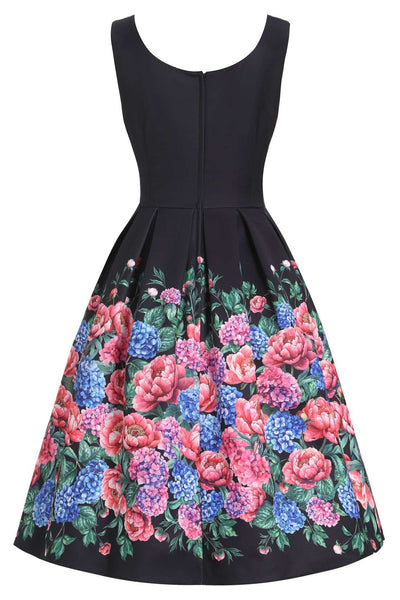 Back view of Amanda Hydrangea Black Flared Dress