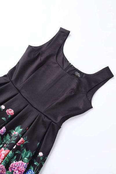 Close up view the top of Amanda Hydrangea Black Flared Dress