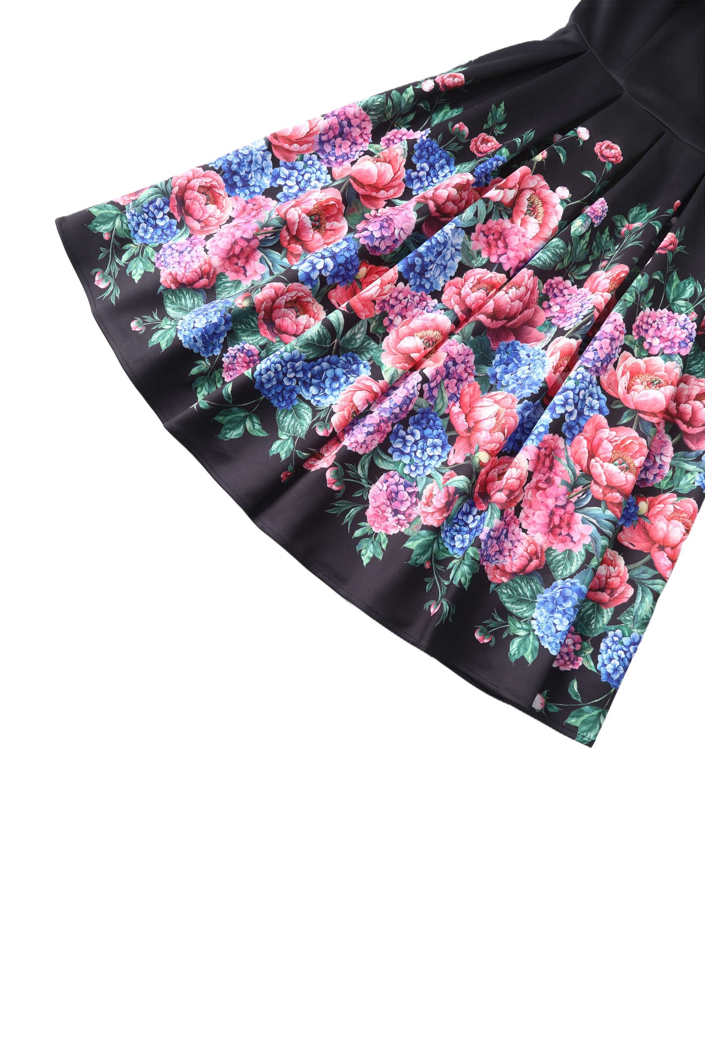 Close up view of Amanda Hydrangea Black Flared Dress