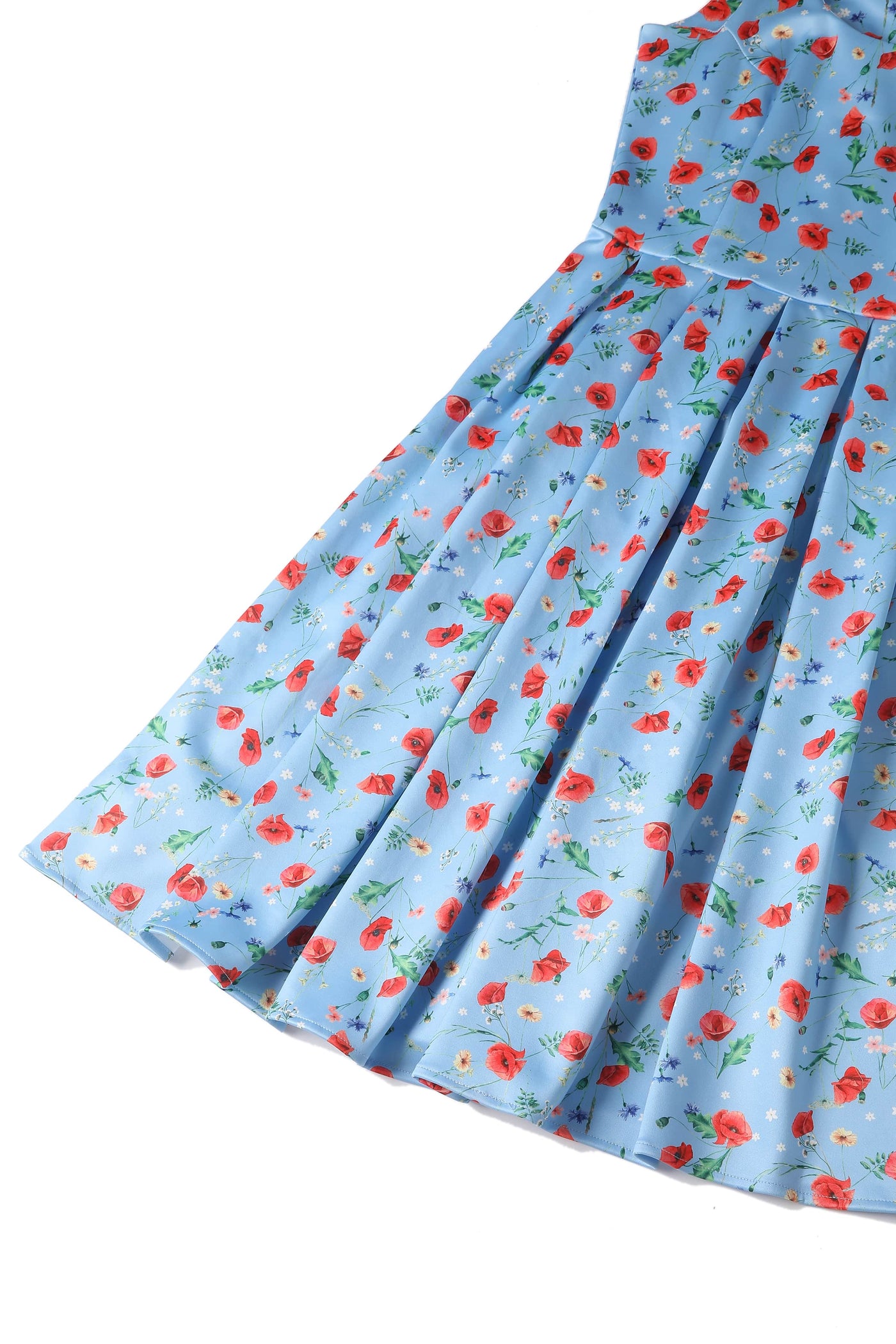  amanda light blue poppy floral swing dress skirt close up