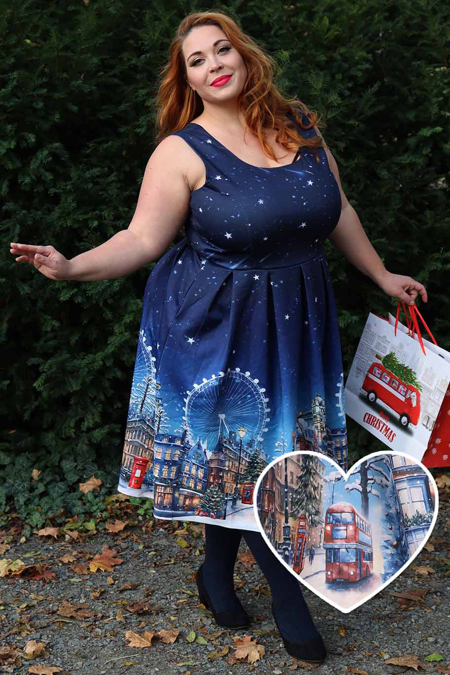 A model wearing an Amanda London Winter Swing Dress