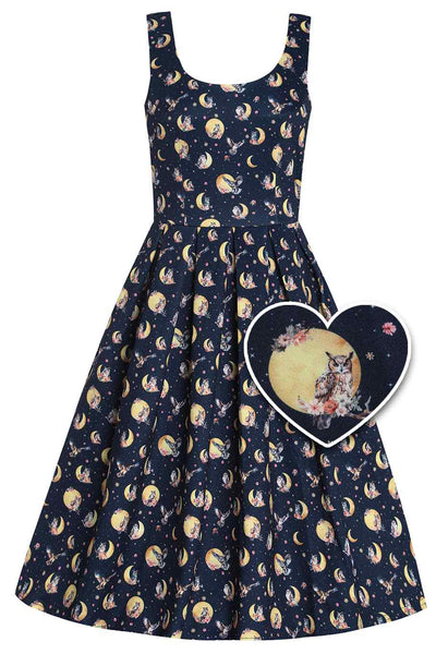 Front view of Navy Blue Night Owl Swing Dress