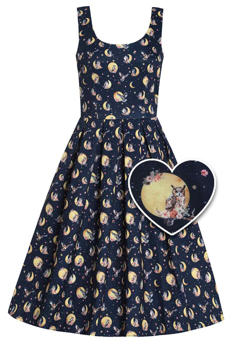 Front view of Navy Blue Night Owl Swing Dress