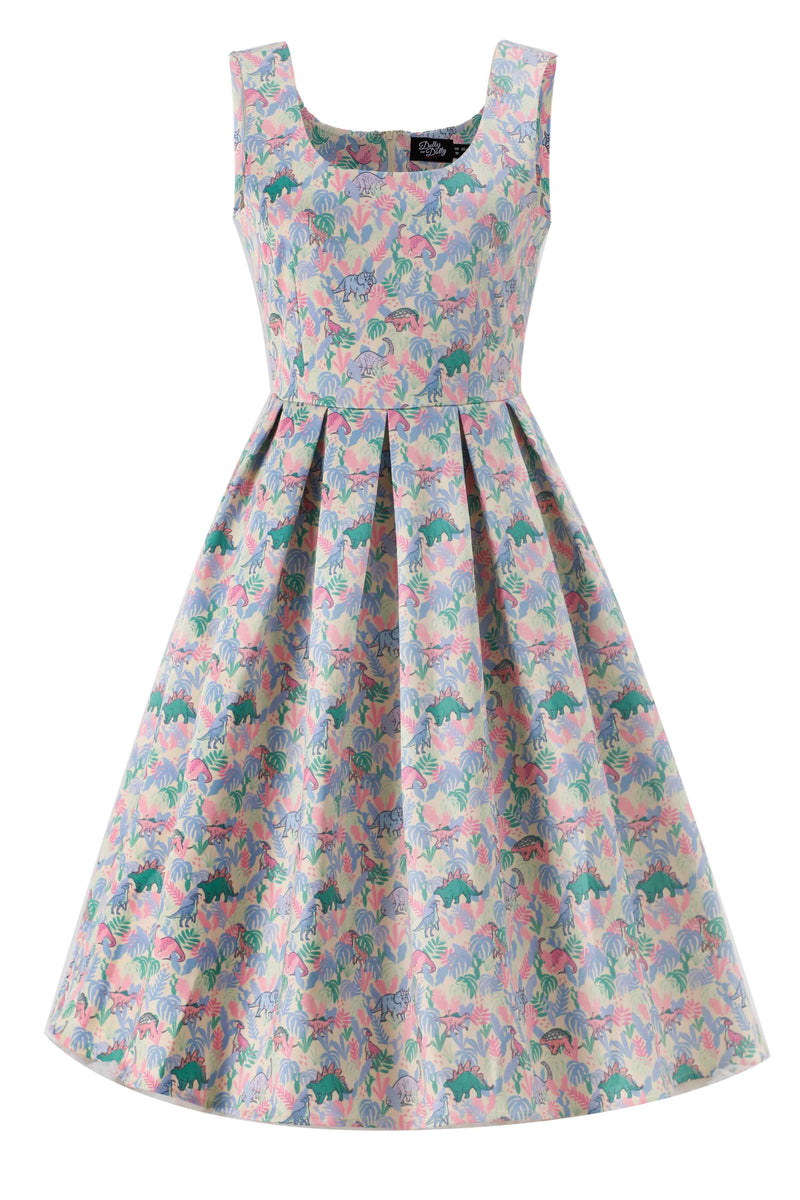 Front view of Amanda Pastel Dinosaur Flared Dress