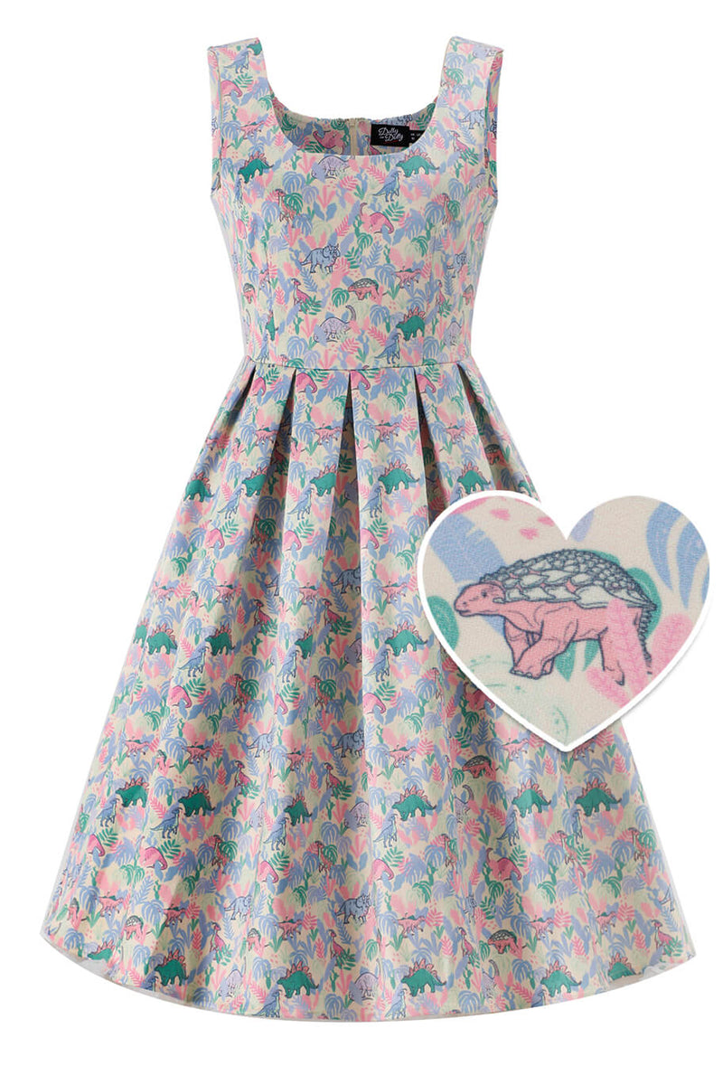 Front view of Amanda Pastel Dinosaur Flared Dress