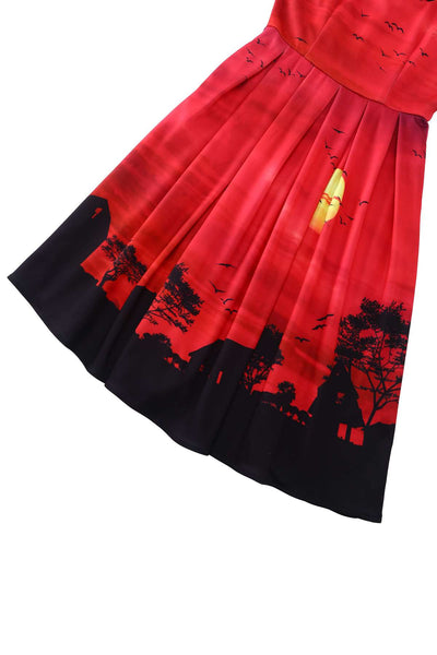 Close up view of Amanda Red Sunset Flared Dress