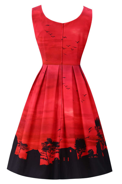 Back view of Amanda Red Sunset Flared Dress