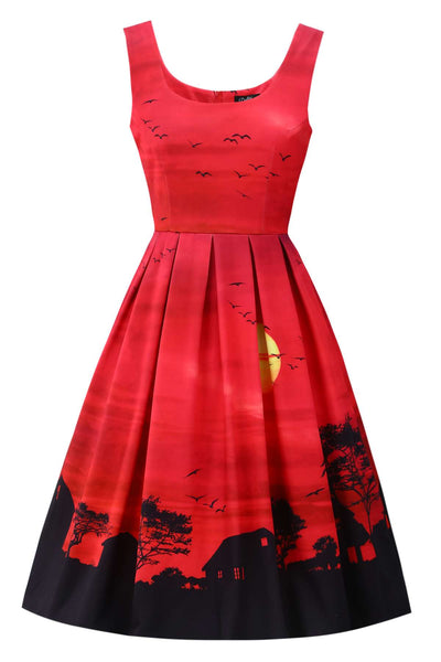 Front view of Amanda Red Sunset Flared Dress