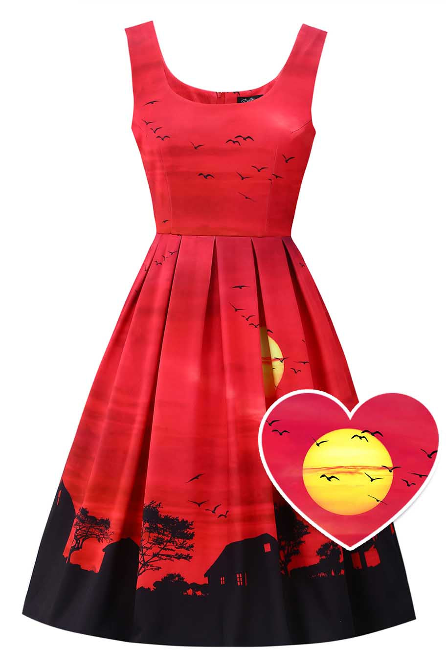 Front view with cutout of Amanda Red Sunset Flared Dress