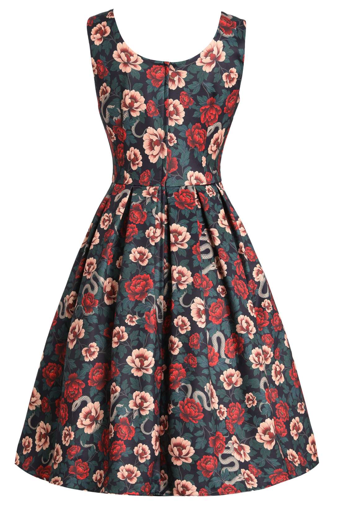 Back view of Amanda Rockabilly Rose & Snake Print Dress