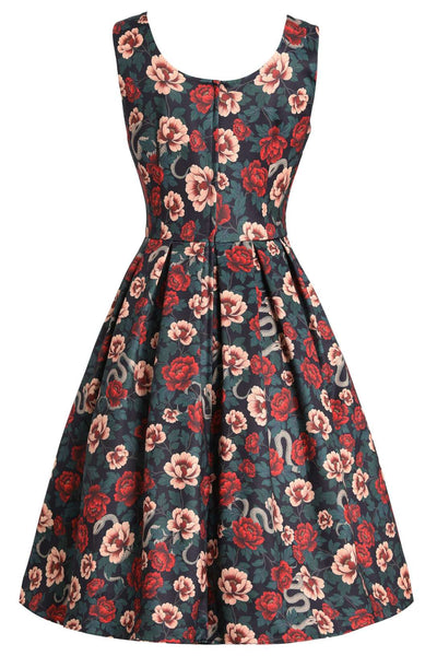 Back view of Amanda Rockabilly Rose & Snake Print Dress