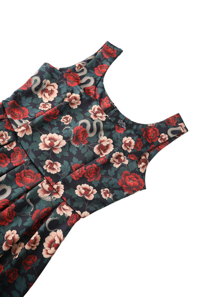 Close up view the top of Amanda Rockabilly Rose & Snake Print Dress