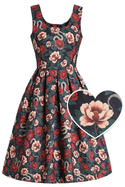 Front view of Amanda Rockabilly Rose & Snake Print Dress