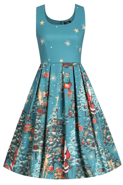 Front view of Amanda Santa Is Back In Town Dress In Teal Blue