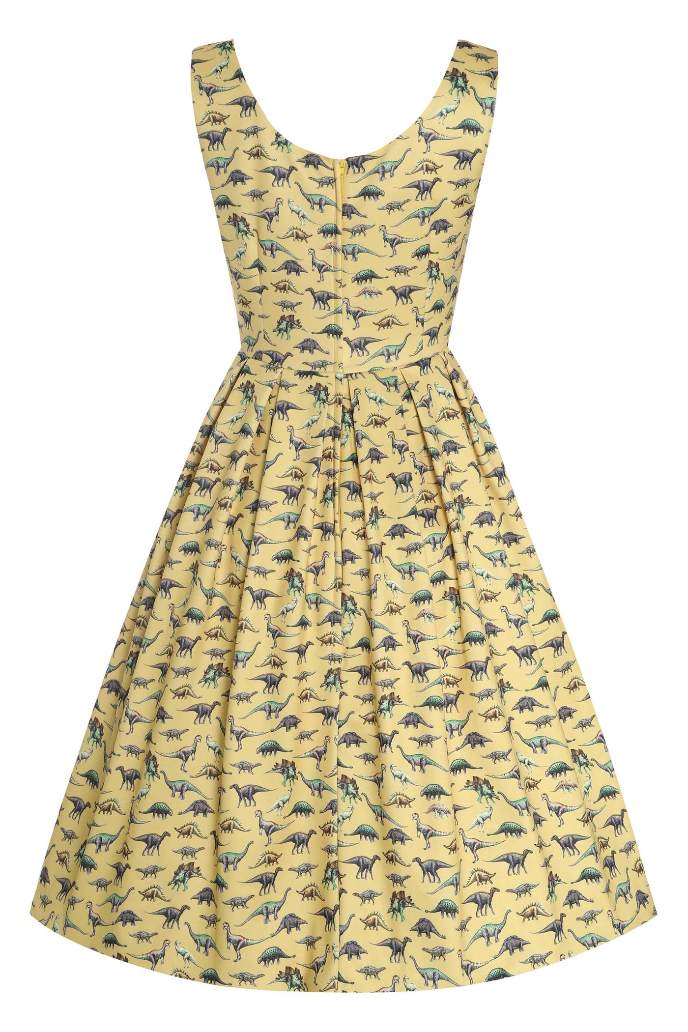 Back View of Antique Dinosaur Flared Dress in Yellow