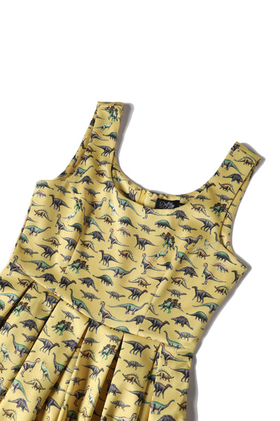 Close up View of Antique Dinosaur Flared Dress in Yellow