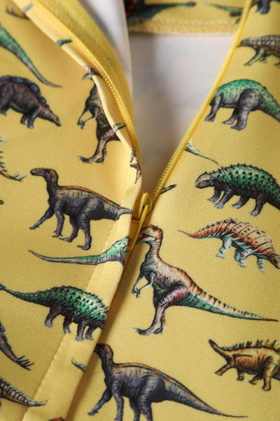 Close up View of Antique Dinosaur Flared Dress in Yellow