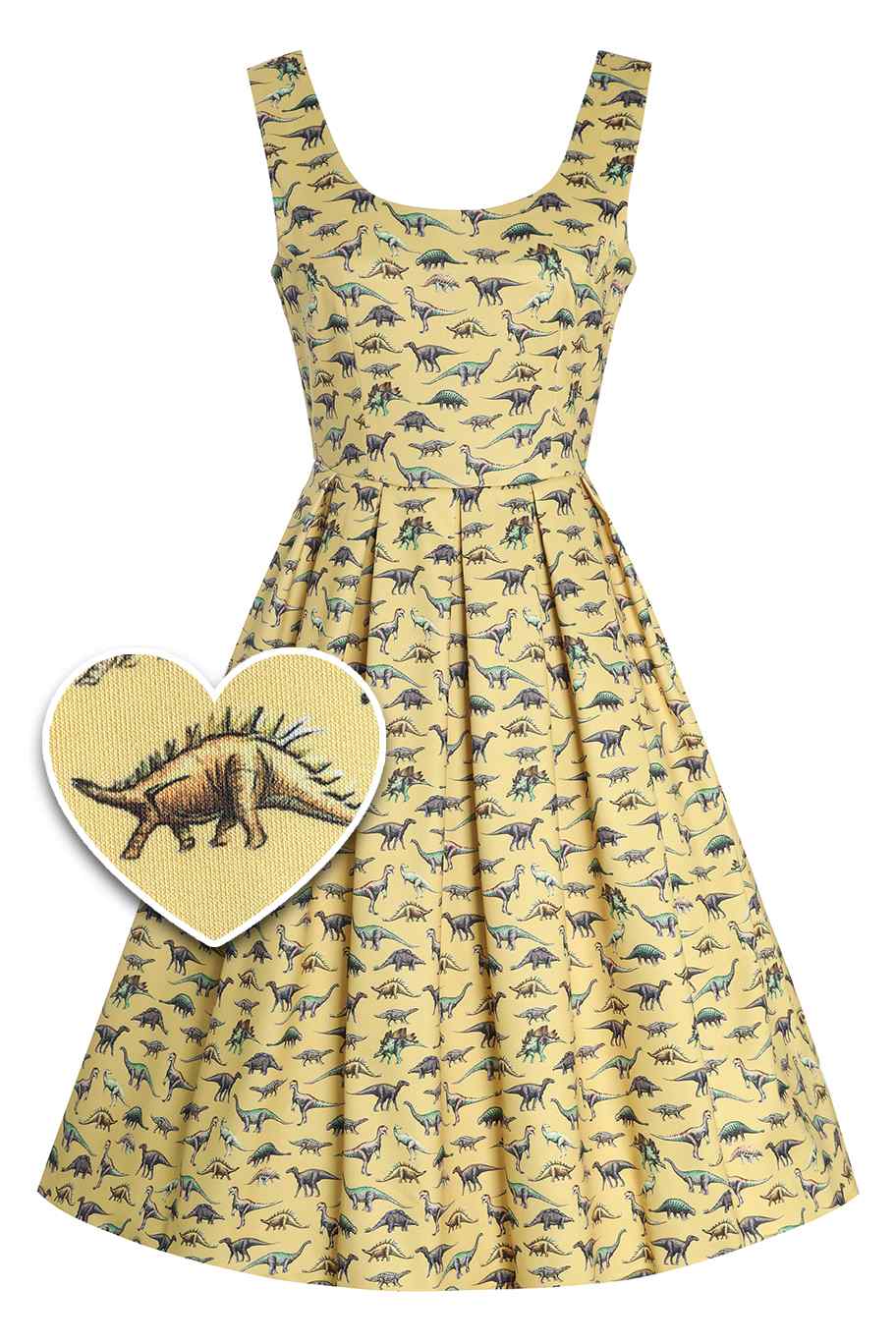 Front View of Antique Dinosaur Flared Dress in Yellow