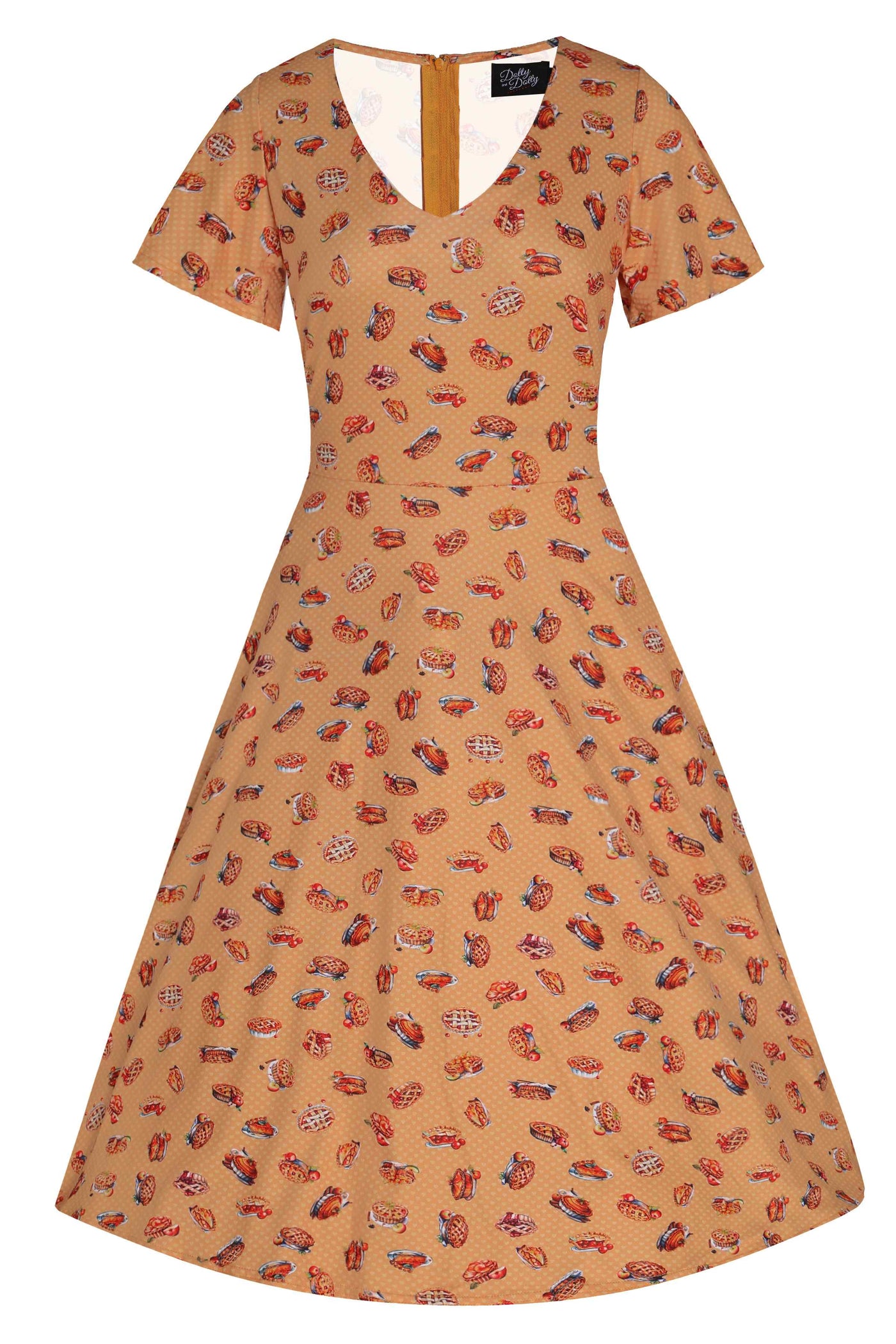 Palma Sleeved Tea Dress in Muted Orange Apple Pie Print