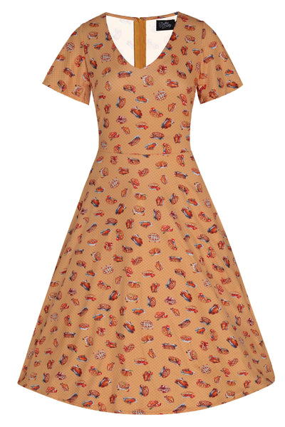 Palma Sleeved Tea Dress in Muted Orange Apple Pie Print