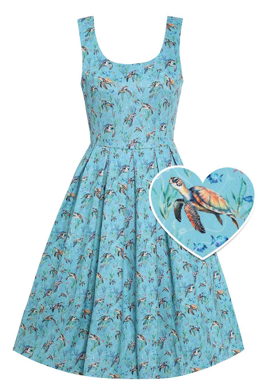 Front view of Aquamarine Turtle Print Flared Dress