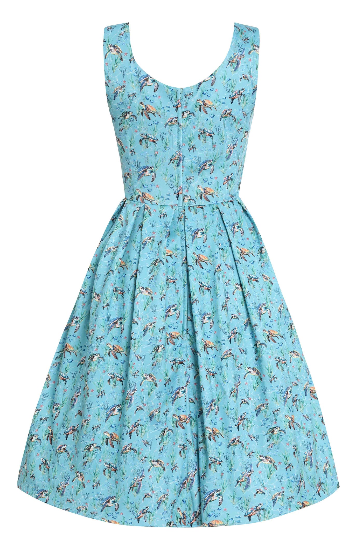 Back view of Aquamarine Turtle Print Flared Dress