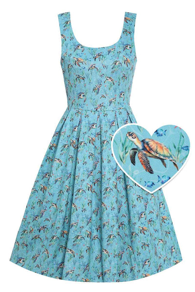 Front view of Aquamarine Turtle Print Flared Dress