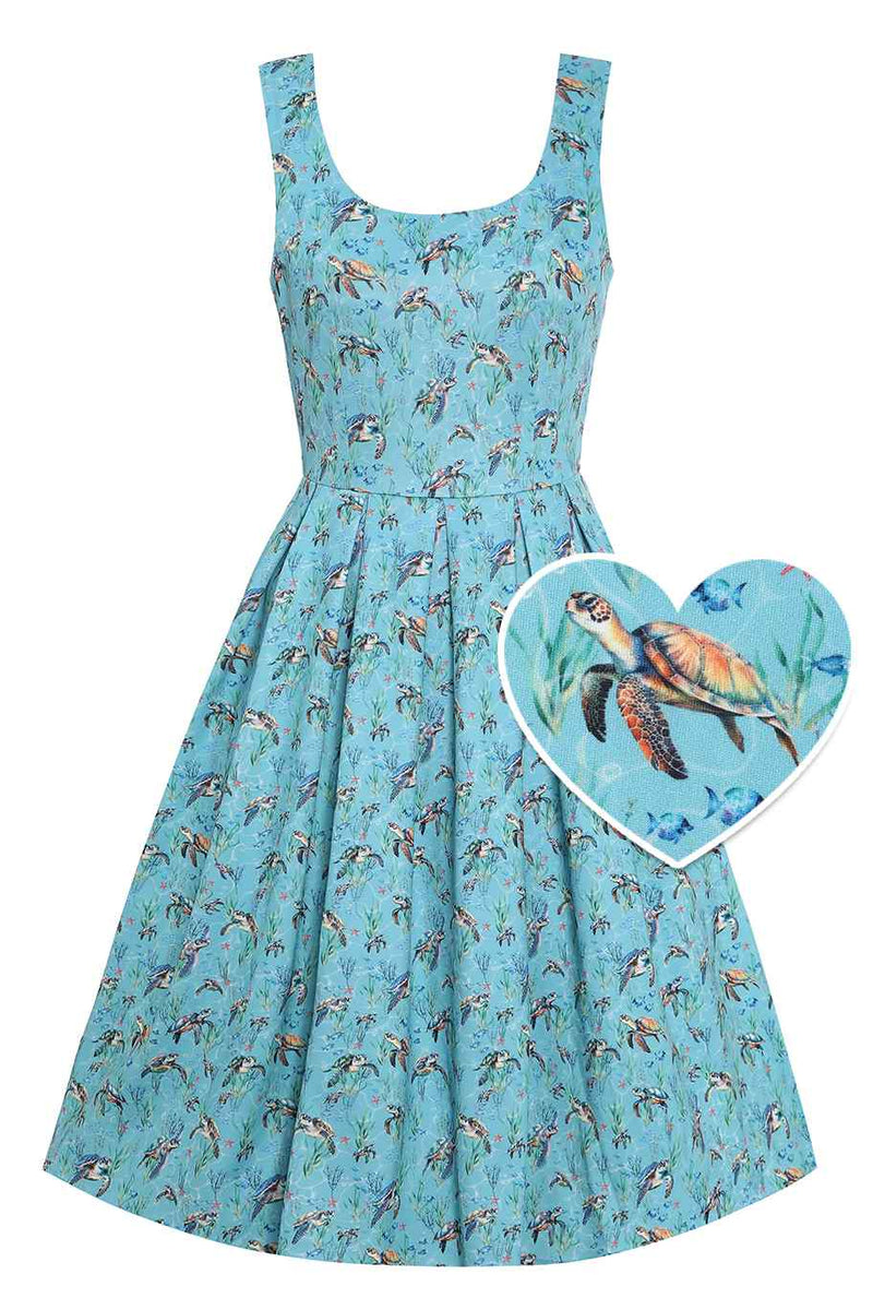 Front view of Aquamarine Turtle Print Flared Dress