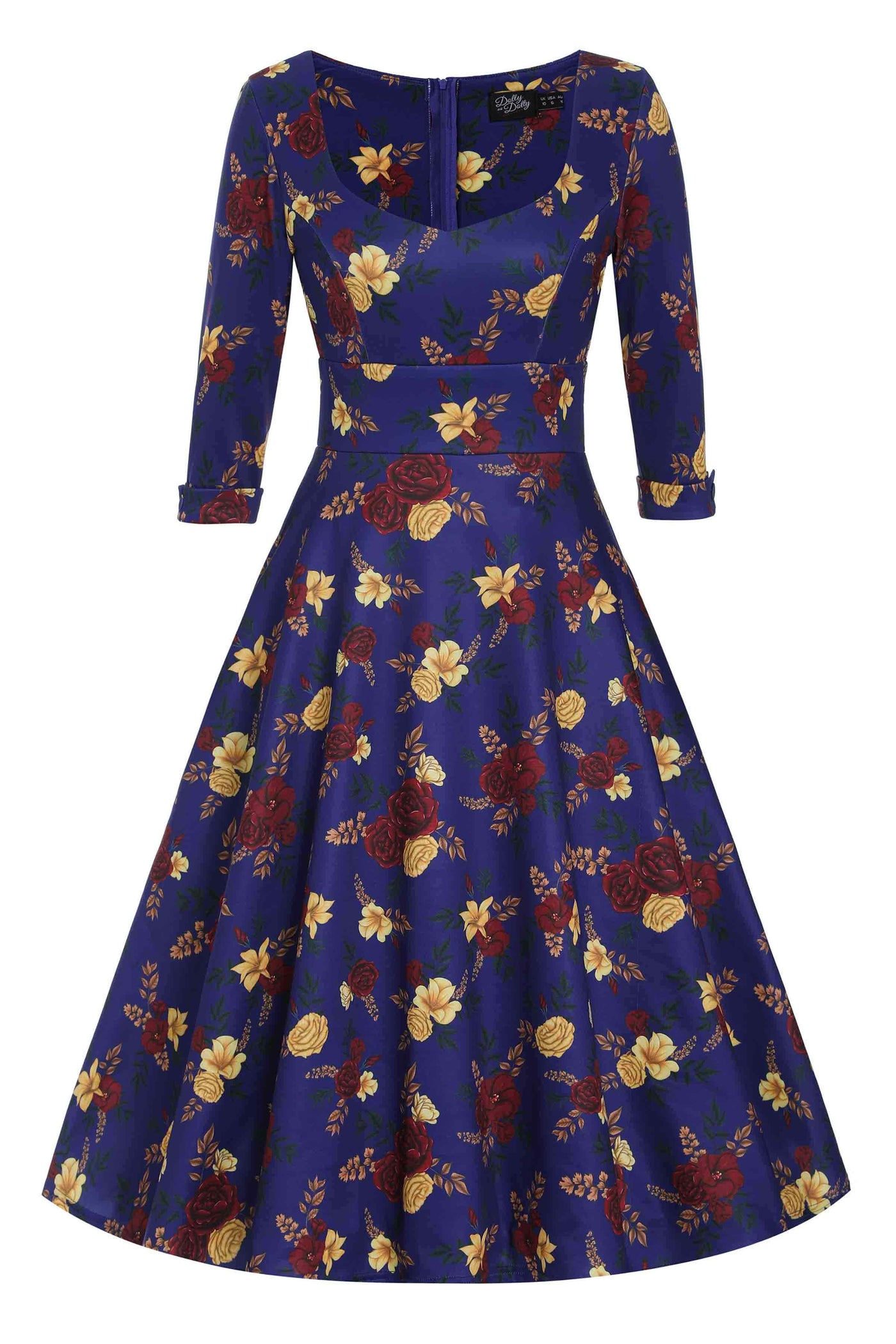 Front view of Scarlette Dark Blue Floral Midi Dress