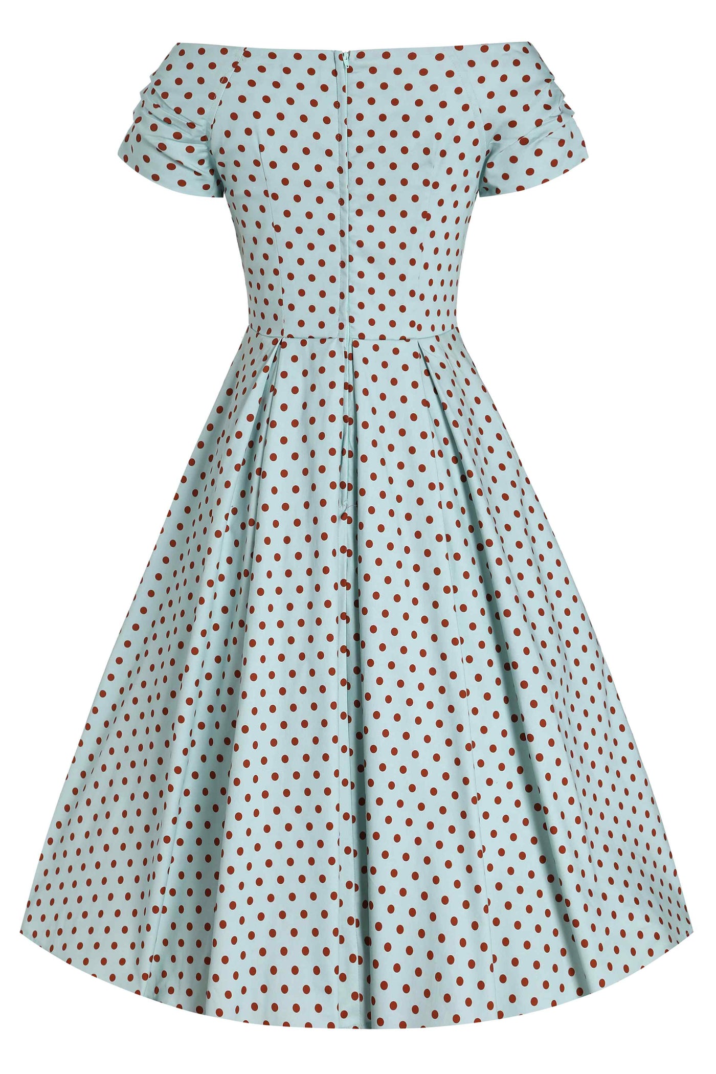 Back View of Baby Blue and Red Polka Dot Off Shoulder Dress