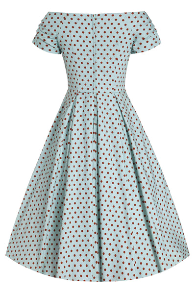 Back View of Baby Blue and Red Polka Dot Off Shoulder Dress